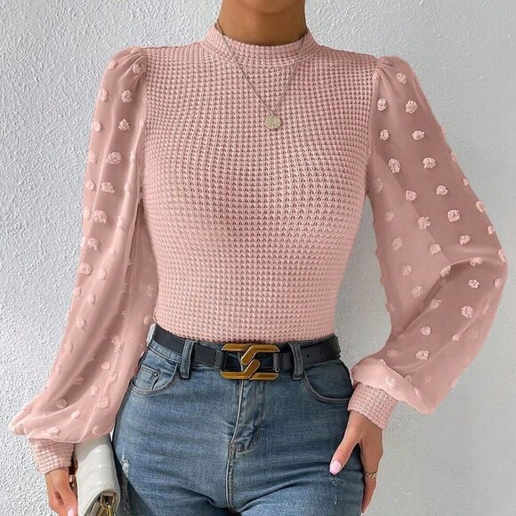 Pink Elegant Women's Stand Collar Mesh Contrast Long Sleeve Blouse - Picture 2 of 6